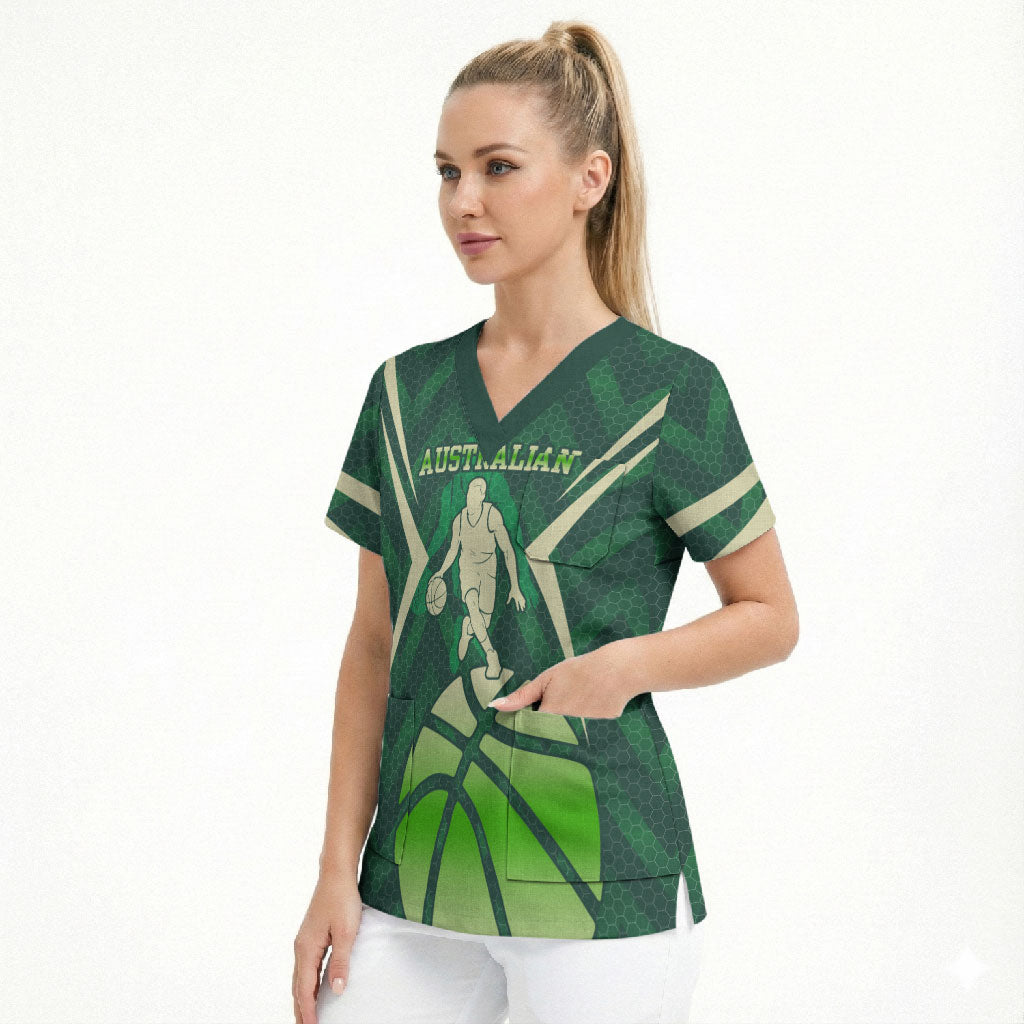Australian Boomers Basketball Scrub Top Green Hexagon Camo Style With Dynamic Slam Dunk Graphic