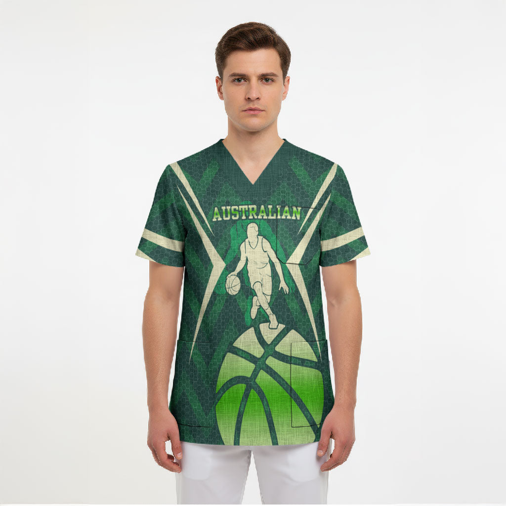 Australian Boomers Basketball Scrub Top Green Hexagon Camo Style With Dynamic Slam Dunk Graphic