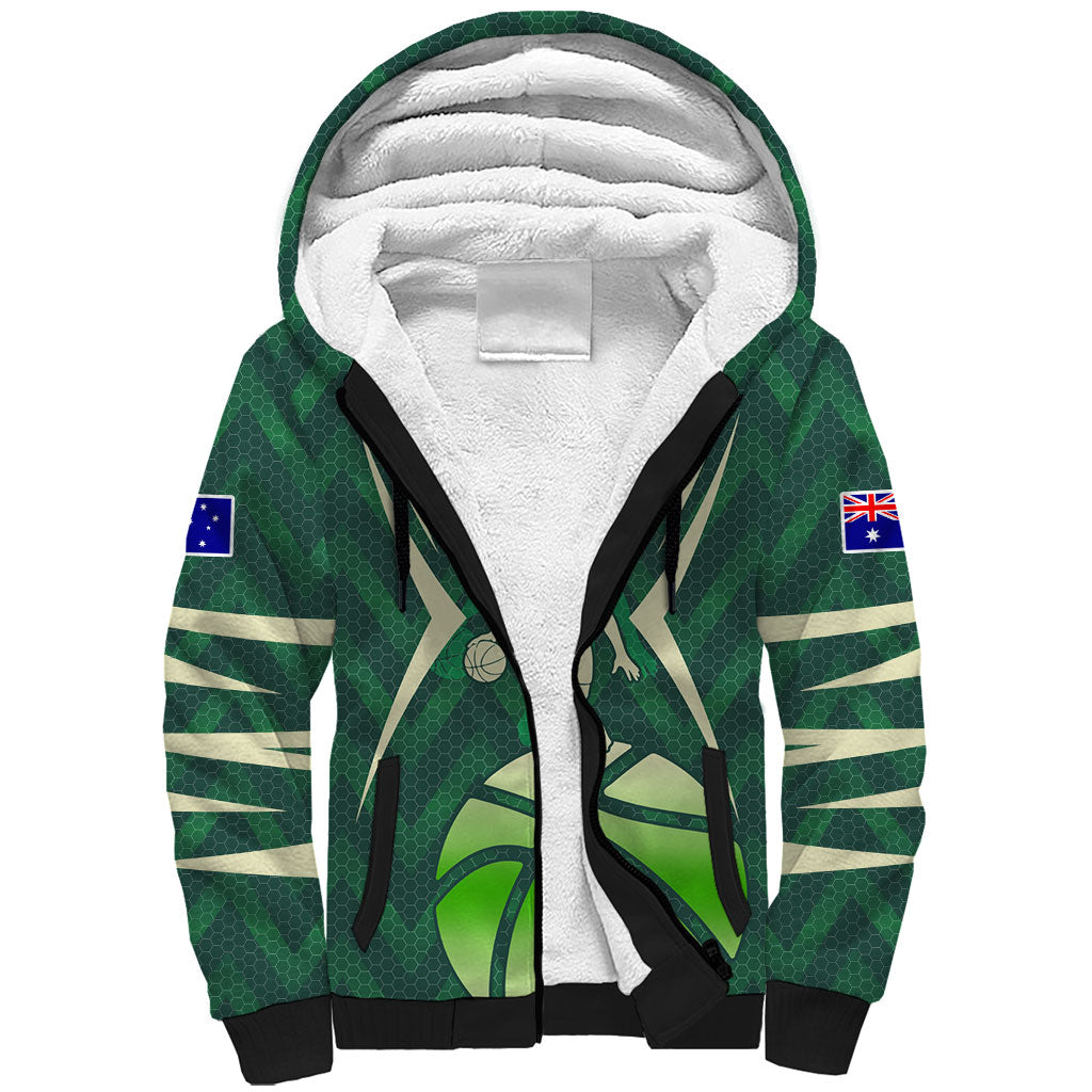Australian Boomers Basketball Sherpa Hoodie Green Hexagon Camo Style With Dynamic Slam Dunk Graphic
