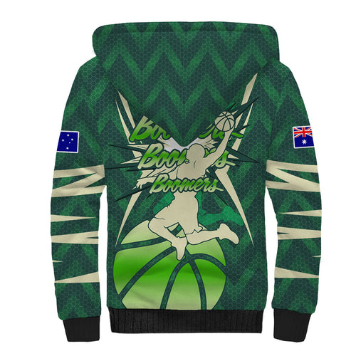 Australian Boomers Basketball Sherpa Hoodie Green Hexagon Camo Style With Dynamic Slam Dunk Graphic