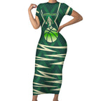 Australian Boomers Basketball Short Sleeve Bodycon Dress Green Hexagon Camo Style With Dynamic Slam Dunk Graphic