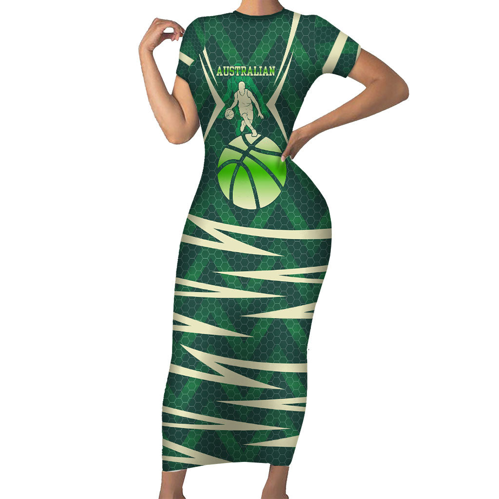 Australian Boomers Basketball Short Sleeve Bodycon Dress Green Hexagon Camo Style With Dynamic Slam Dunk Graphic