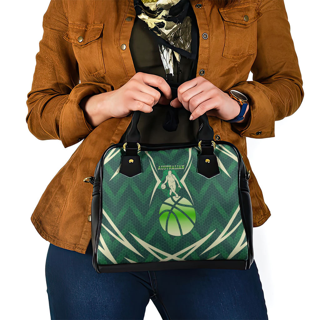 Australian Boomers Basketball Shoulder Handbag Green Hexagon Camo Style With Dynamic Slam Dunk Graphic