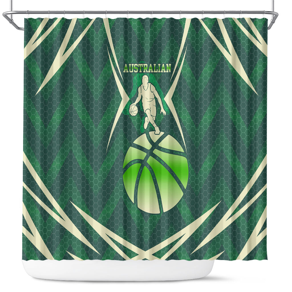 Australian Boomers Basketball Shower Curtain Green Hexagon Camo Style With Dynamic Slam Dunk Graphic