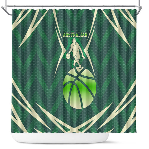 Australian Boomers Basketball Shower Curtain Green Hexagon Camo Style With Dynamic Slam Dunk Graphic