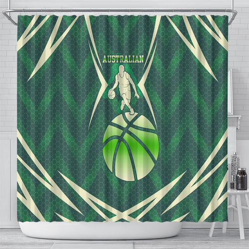 Australian Boomers Basketball Shower Curtain Green Hexagon Camo Style With Dynamic Slam Dunk Graphic