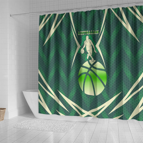 Australian Boomers Basketball Shower Curtain Green Hexagon Camo Style With Dynamic Slam Dunk Graphic