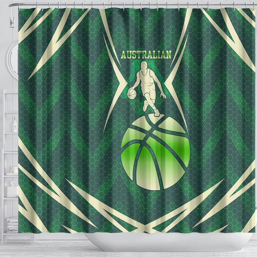 Australian Boomers Basketball Shower Curtain Green Hexagon Camo Style With Dynamic Slam Dunk Graphic