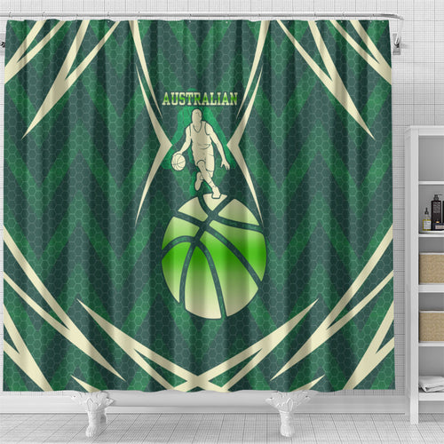 Australian Boomers Basketball Shower Curtain Green Hexagon Camo Style With Dynamic Slam Dunk Graphic