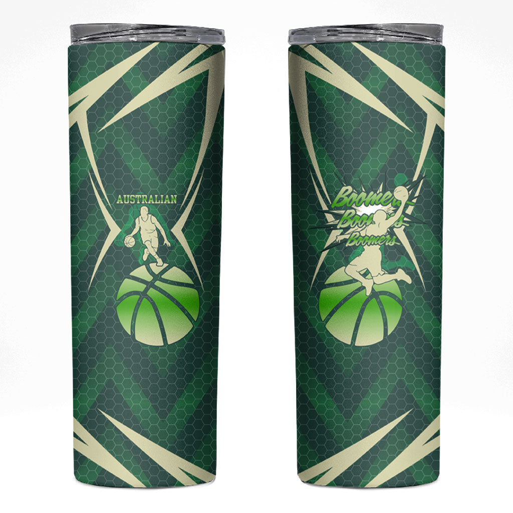 Australian Boomers Basketball Skinny Tumbler Green Hexagon Camo Style With Dynamic Slam Dunk Graphic
