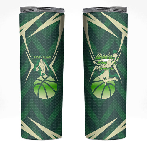 Australian Boomers Basketball Skinny Tumbler Green Hexagon Camo Style With Dynamic Slam Dunk Graphic