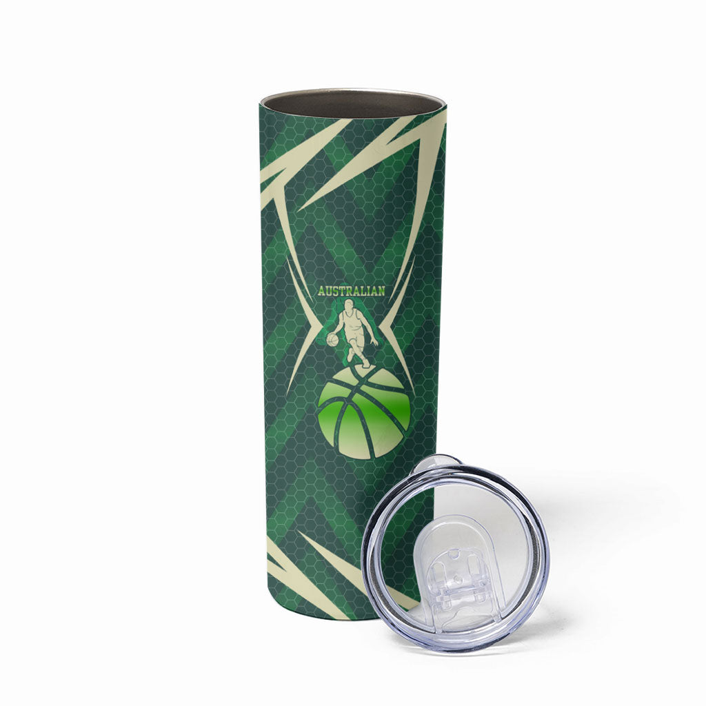 Australian Boomers Basketball Skinny Tumbler Green Hexagon Camo Style With Dynamic Slam Dunk Graphic