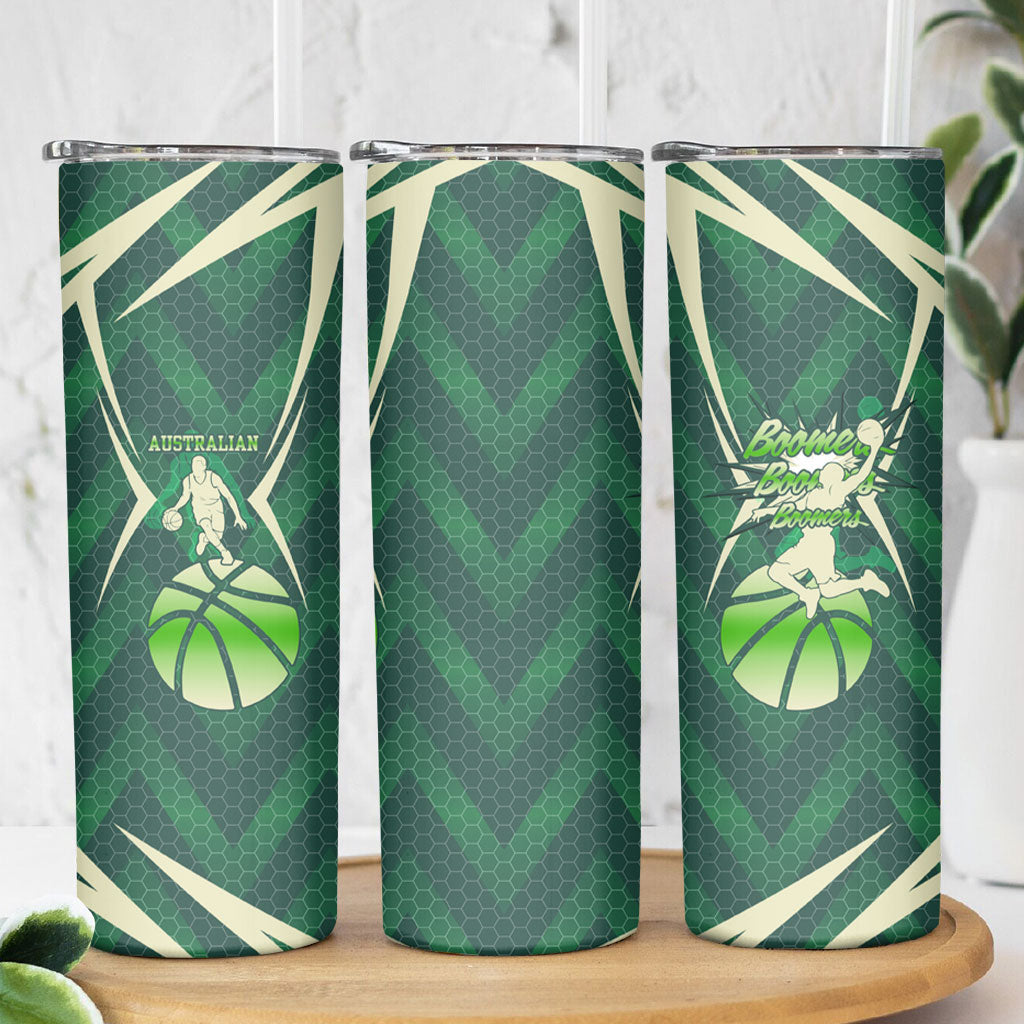 Australian Boomers Basketball Skinny Tumbler Green Hexagon Camo Style With Dynamic Slam Dunk Graphic
