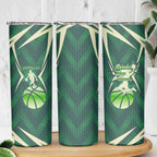 Australian Boomers Basketball Skinny Tumbler Green Hexagon Camo Style With Dynamic Slam Dunk Graphic