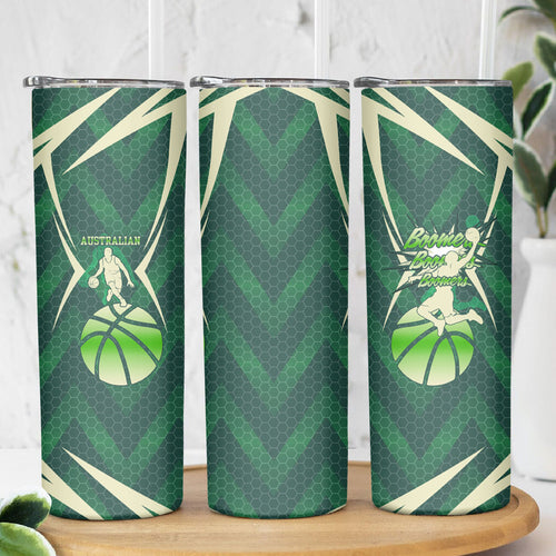 Australian Boomers Basketball Skinny Tumbler Green Hexagon Camo Style With Dynamic Slam Dunk Graphic