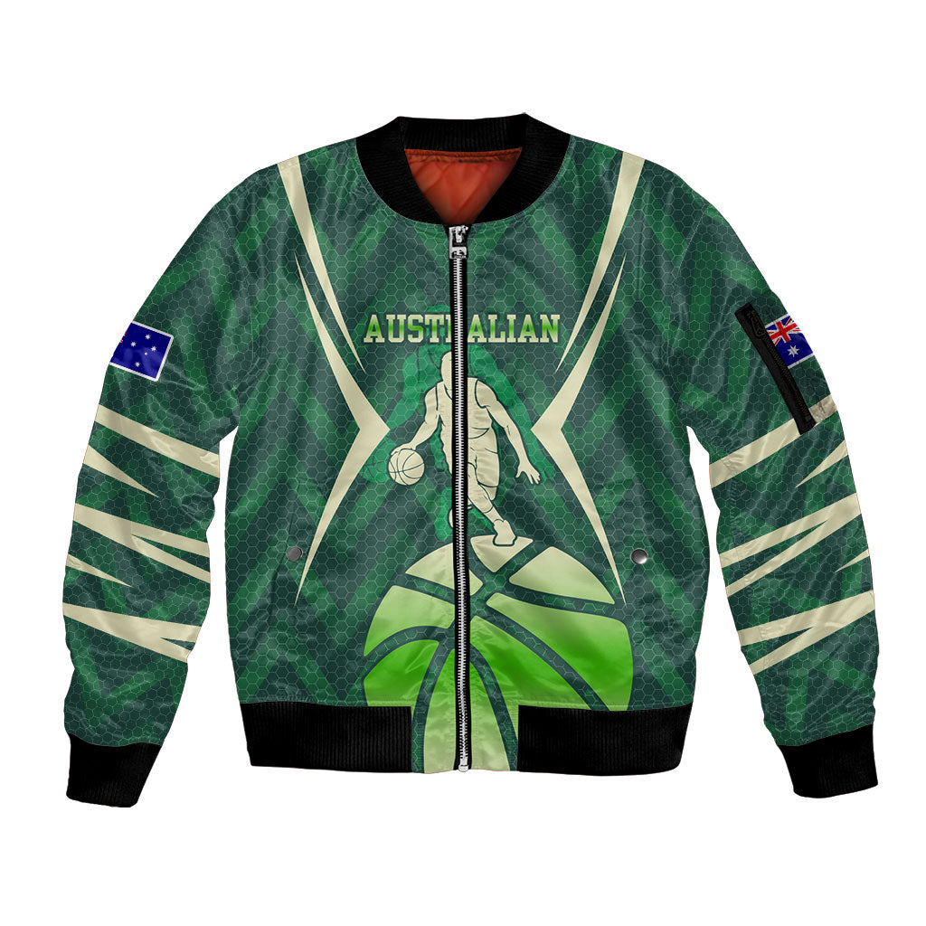 Australian Boomers Basketball Sleeve Zip Bomber Jacket Green Hexagon Camo Style With Dynamic Slam Dunk Graphic