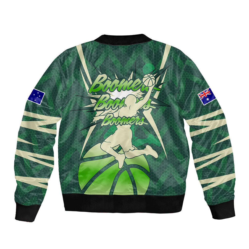 Australian Boomers Basketball Sleeve Zip Bomber Jacket Green Hexagon Camo Style With Dynamic Slam Dunk Graphic