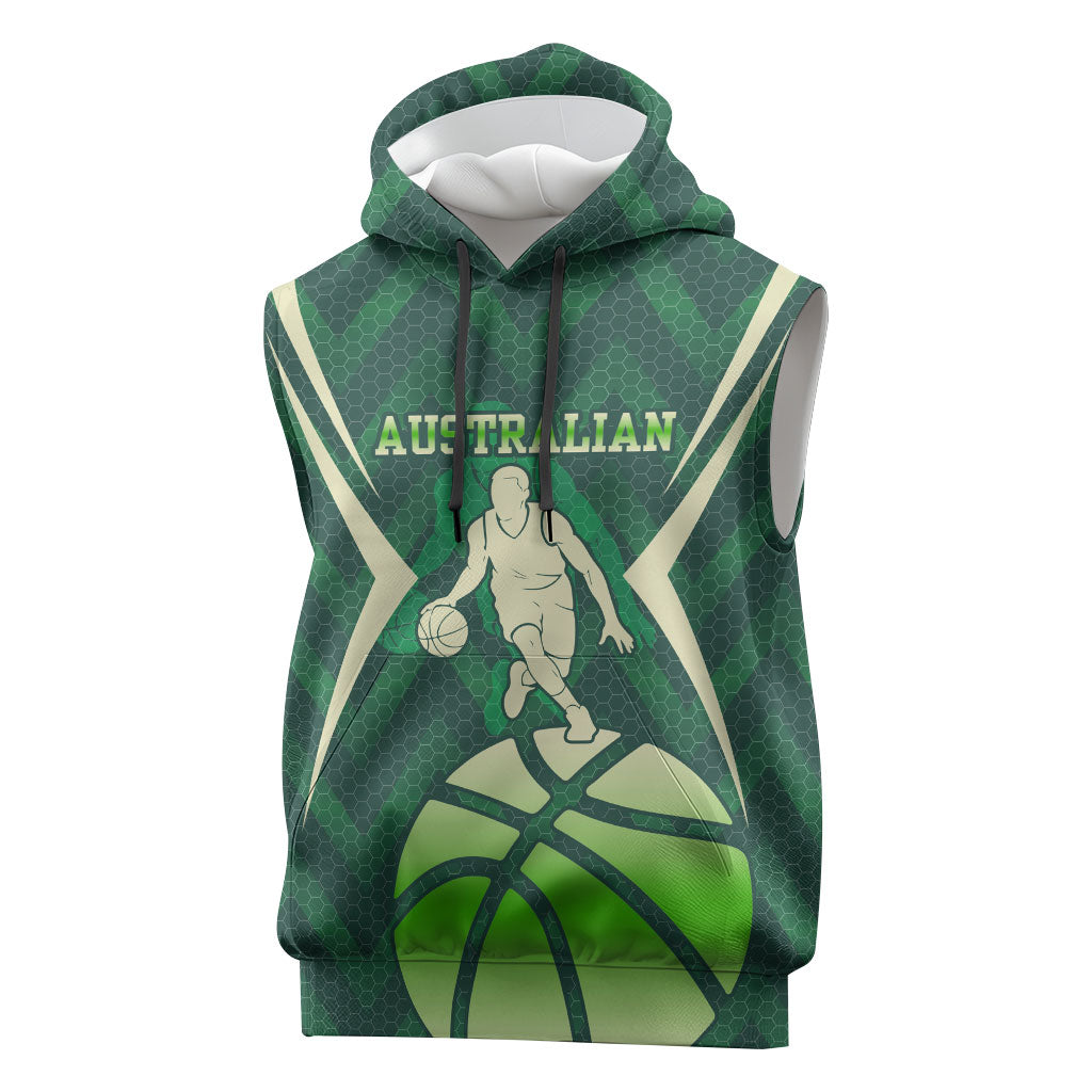 Australian Boomers Basketball Sleeveless Hoodie Green Hexagon Camo Style With Dynamic Slam Dunk Graphic