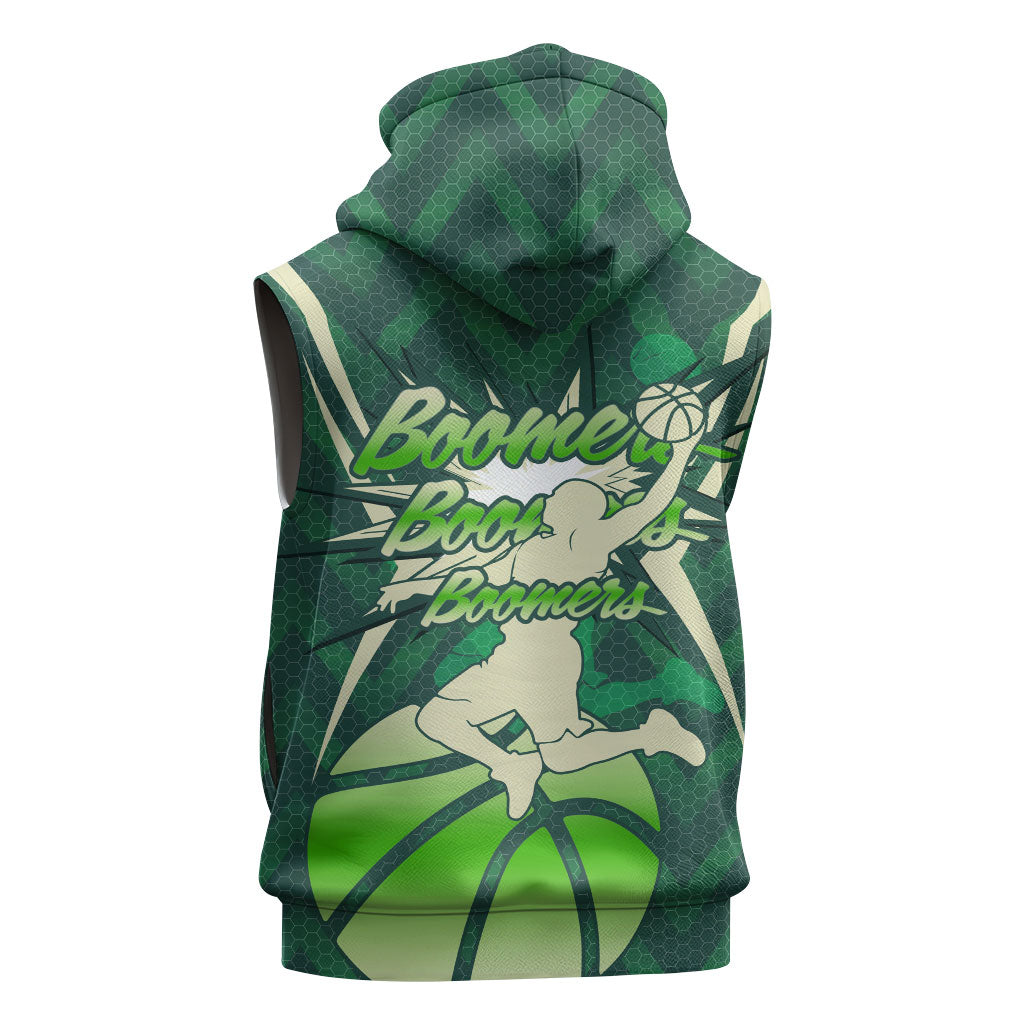 Australian Boomers Basketball Sleeveless Hoodie Green Hexagon Camo Style With Dynamic Slam Dunk Graphic