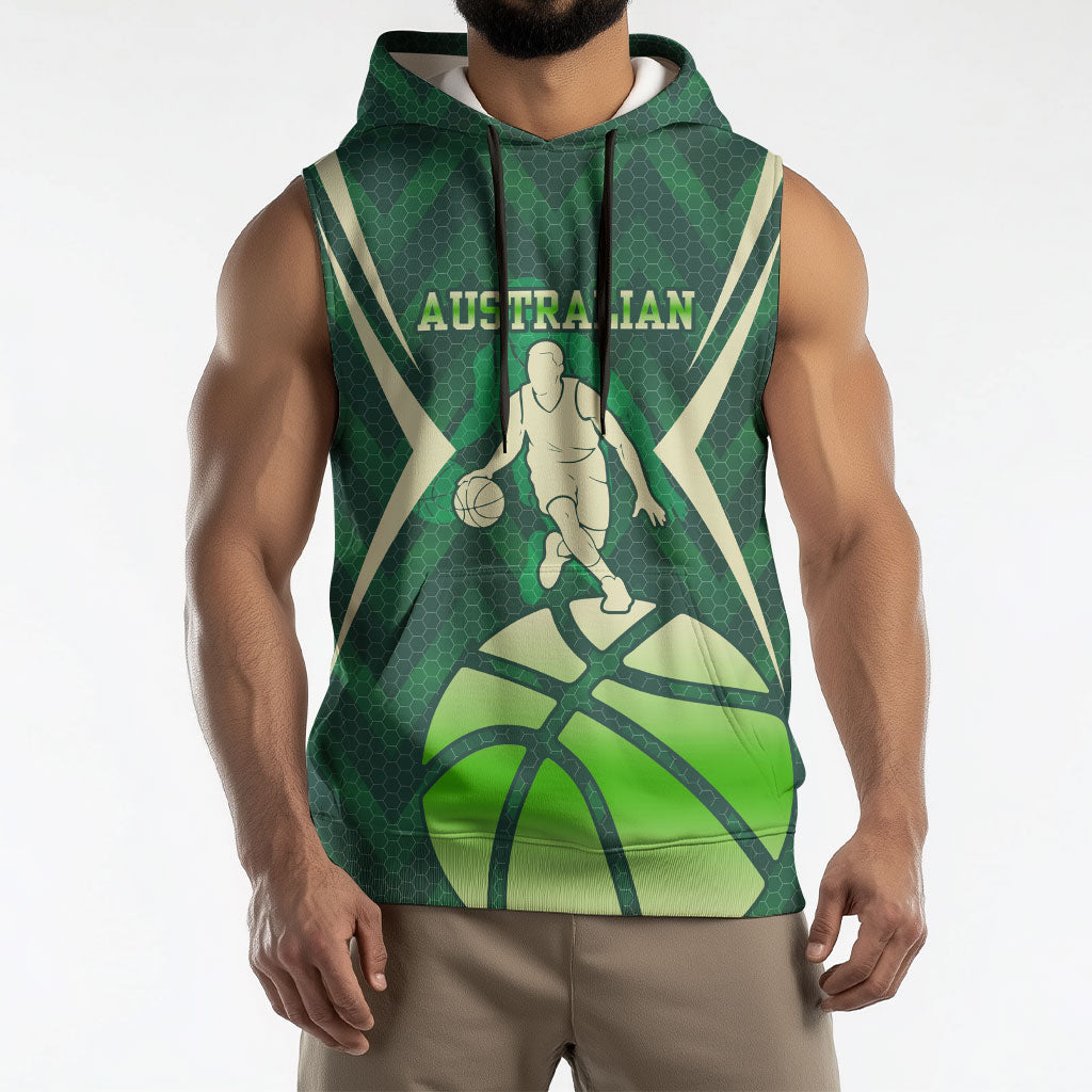 Australian Boomers Basketball Sleeveless Hoodie Green Hexagon Camo Style With Dynamic Slam Dunk Graphic