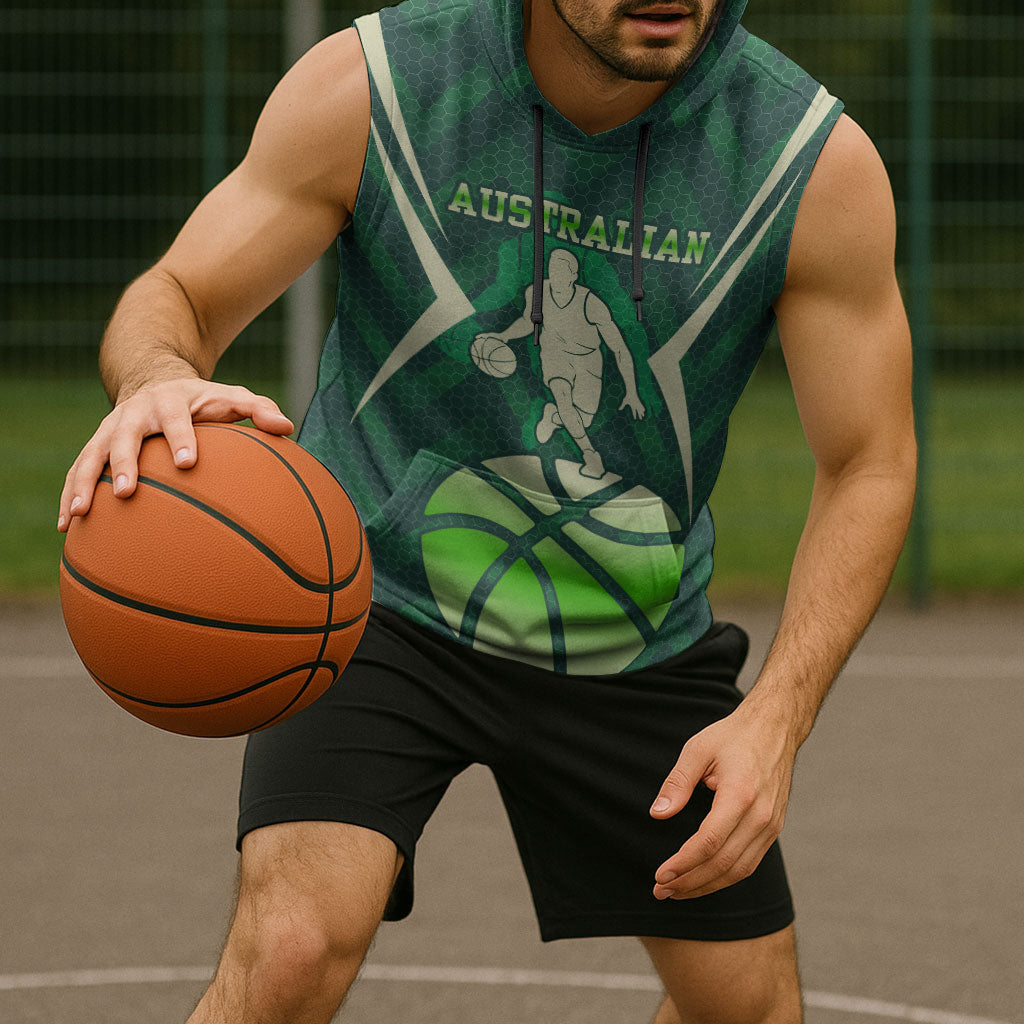 Australian Boomers Basketball Sleeveless Hoodie Green Hexagon Camo Style With Dynamic Slam Dunk Graphic