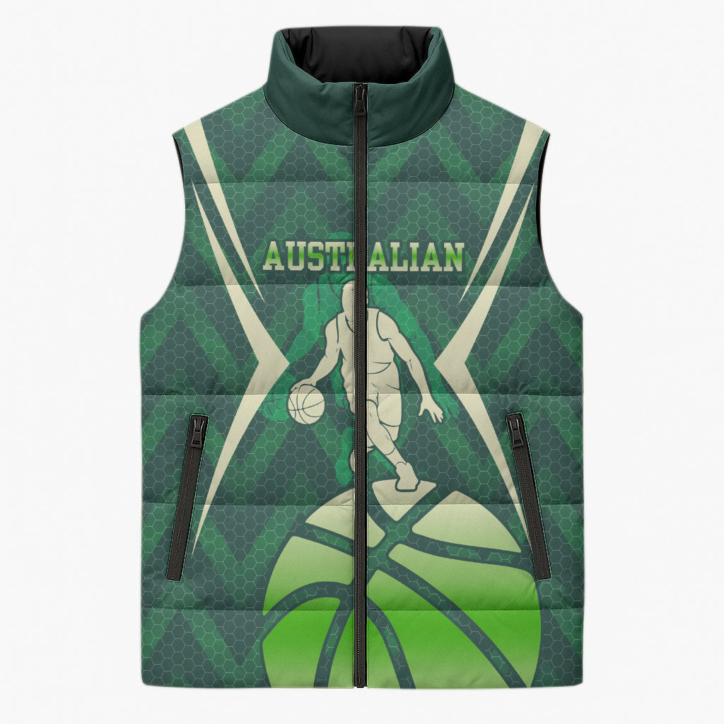 Australian Boomers Basketball Sleeveless Puffer Jacket Green Hexagon Camo Style With Dynamic Slam Dunk Graphic