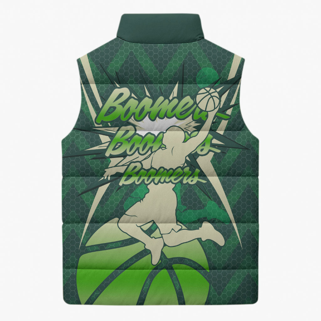 Australian Boomers Basketball Sleeveless Puffer Jacket Green Hexagon Camo Style With Dynamic Slam Dunk Graphic
