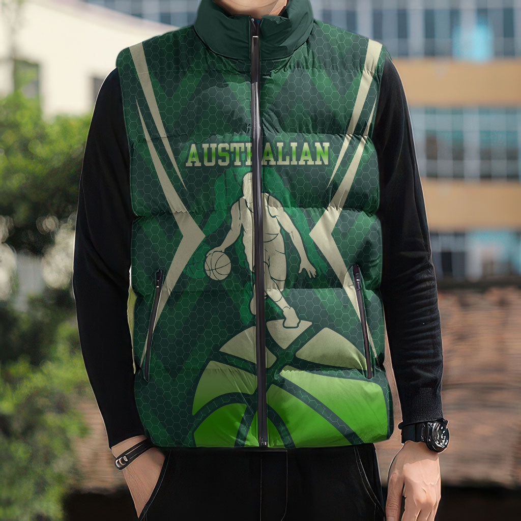 Australian Boomers Basketball Sleeveless Puffer Jacket Green Hexagon Camo Style With Dynamic Slam Dunk Graphic
