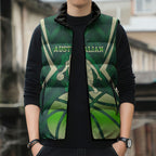 Australian Boomers Basketball Sleeveless Puffer Jacket Green Hexagon Camo Style With Dynamic Slam Dunk Graphic