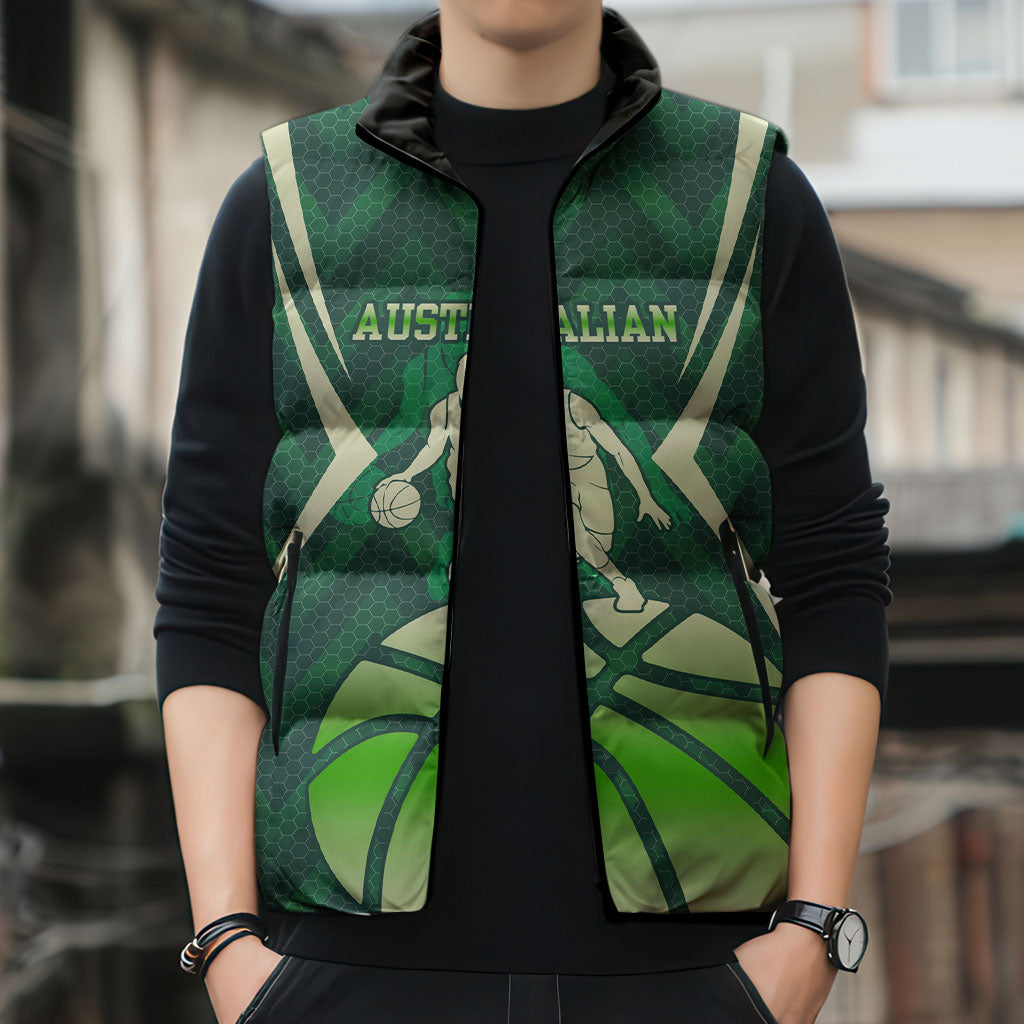 Australian Boomers Basketball Sleeveless Puffer Jacket Green Hexagon Camo Style With Dynamic Slam Dunk Graphic