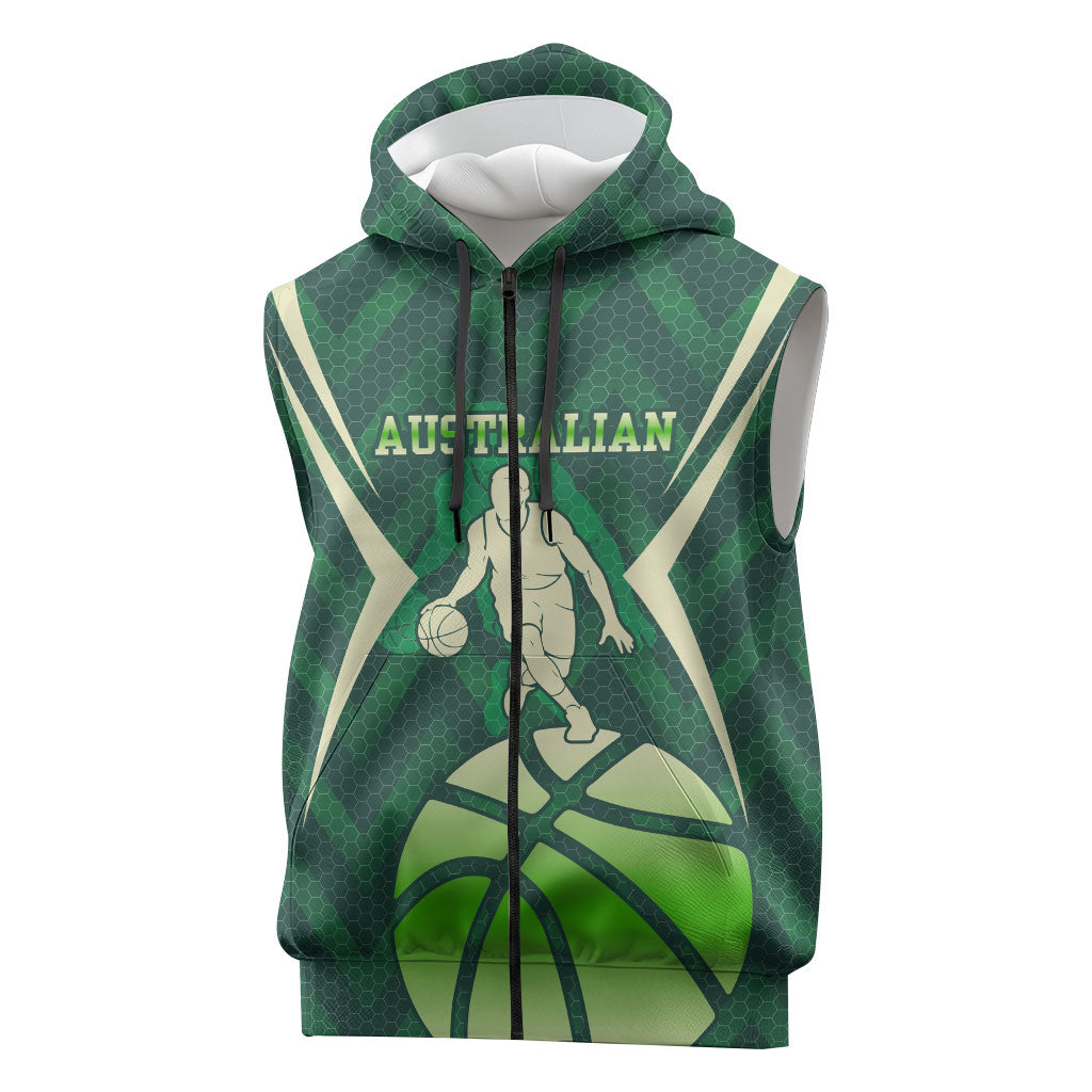 Australian Boomers Basketball Sleeveless Zip Hoodie Green Hexagon Camo Style With Dynamic Slam Dunk Graphic