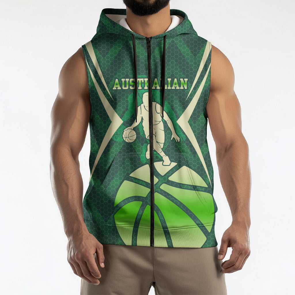 Australian Boomers Basketball Sleeveless Zip Hoodie Green Hexagon Camo Style With Dynamic Slam Dunk Graphic