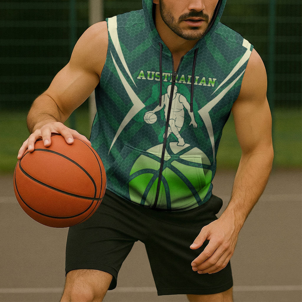 Australian Boomers Basketball Sleeveless Zip Hoodie Green Hexagon Camo Style With Dynamic Slam Dunk Graphic