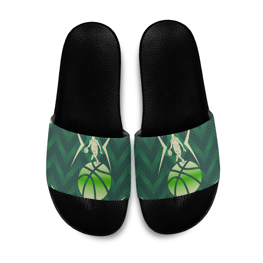 Australian Boomers Basketball Slide Sandals Green Hexagon Camo Style With Dynamic Slam Dunk Graphic