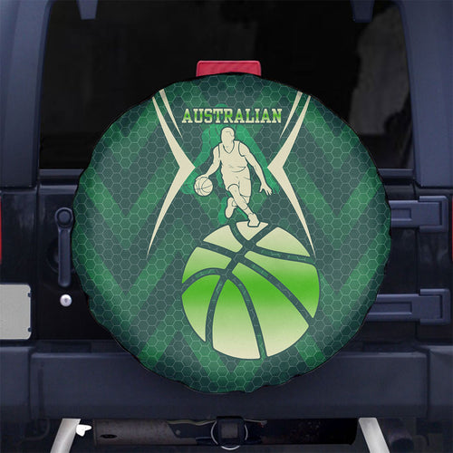 Australian Boomers Basketball Spare Tire Cover Green Hexagon Camo Style With Dynamic Slam Dunk Graphic