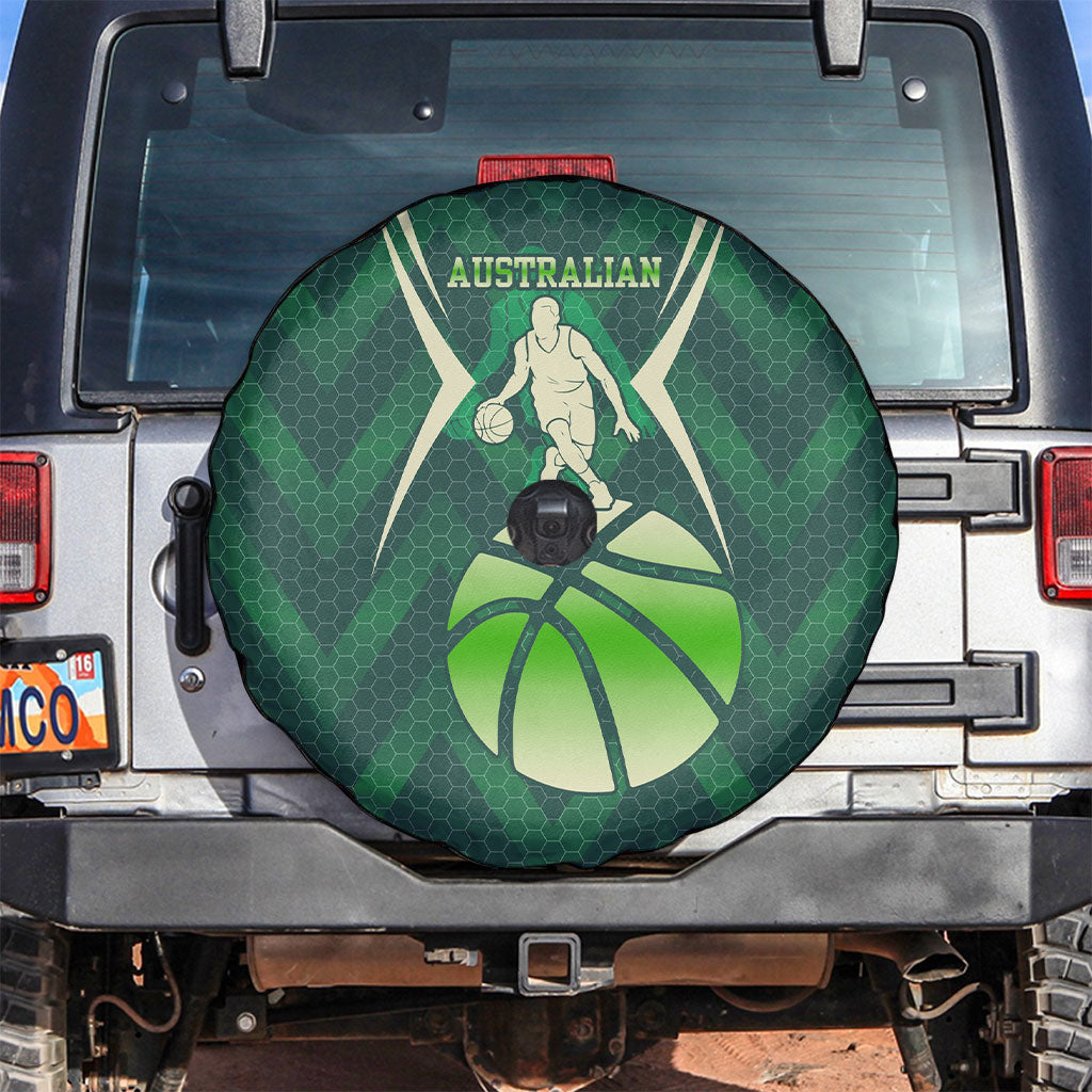 Australian Boomers Basketball Spare Tire Cover Green Hexagon Camo Style With Dynamic Slam Dunk Graphic