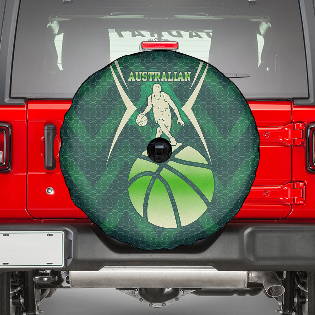 Australian Boomers Basketball Spare Tire Cover Green Hexagon Camo Style With Dynamic Slam Dunk Graphic