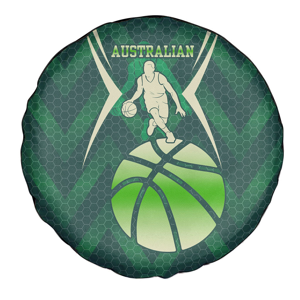 Australian Boomers Basketball Spare Tire Cover Green Hexagon Camo Style With Dynamic Slam Dunk Graphic