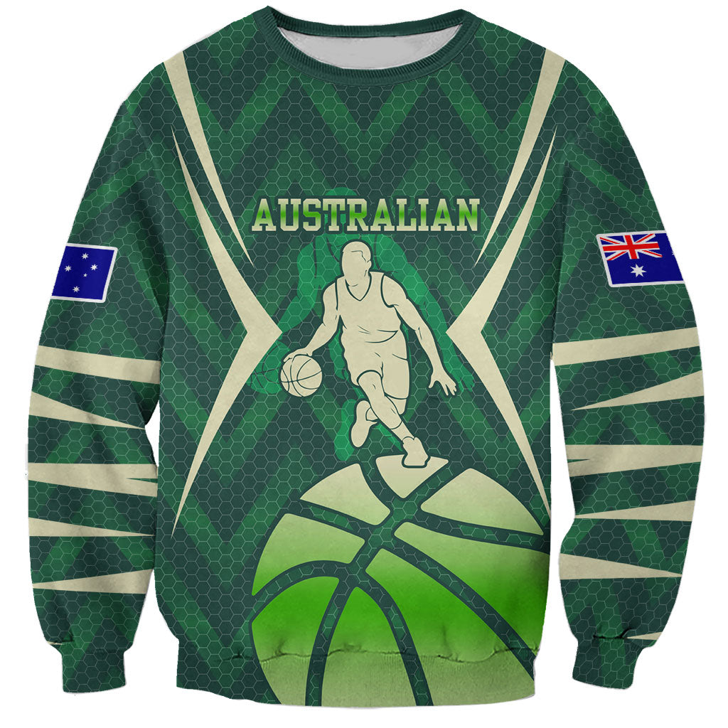 Australian Boomers Basketball Sweatshirt Green Hexagon Camo Style With Dynamic Slam Dunk Graphic