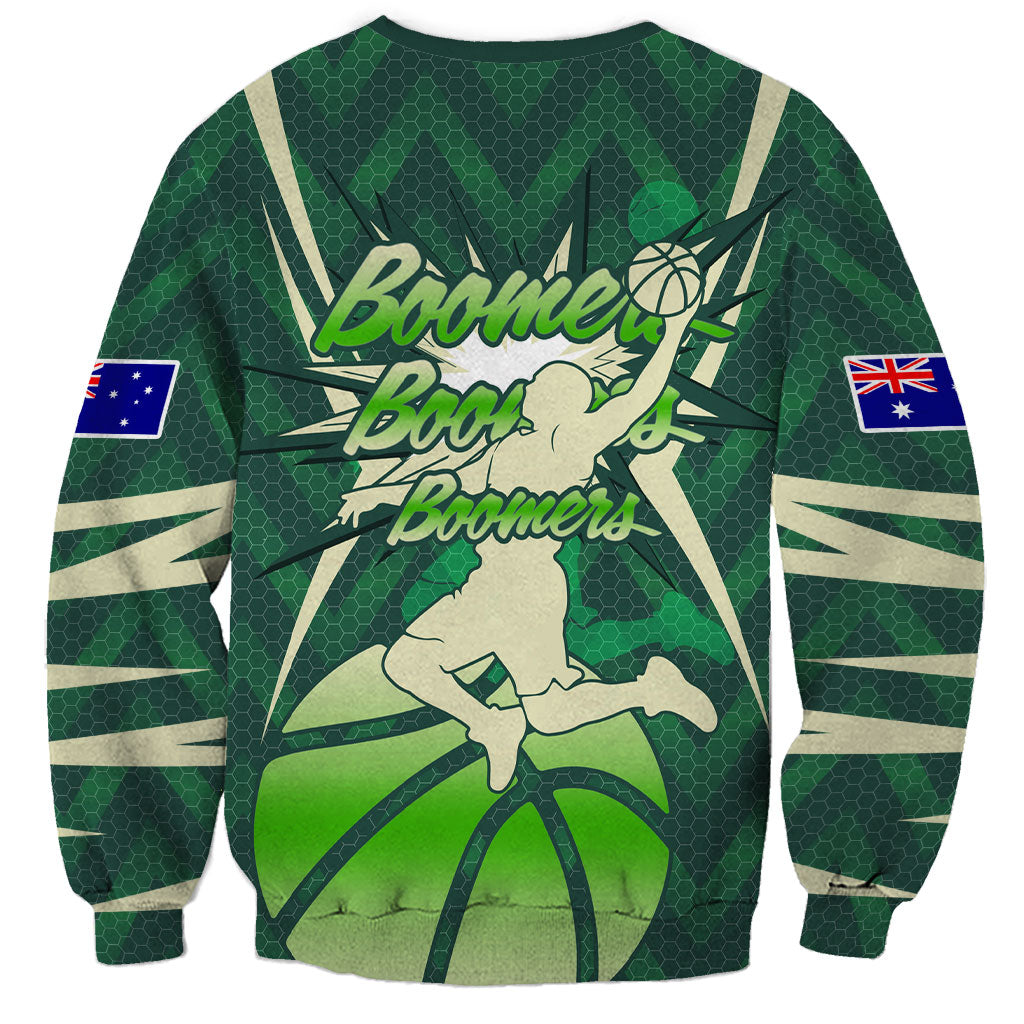 Australian Boomers Basketball Sweatshirt Green Hexagon Camo Style With Dynamic Slam Dunk Graphic