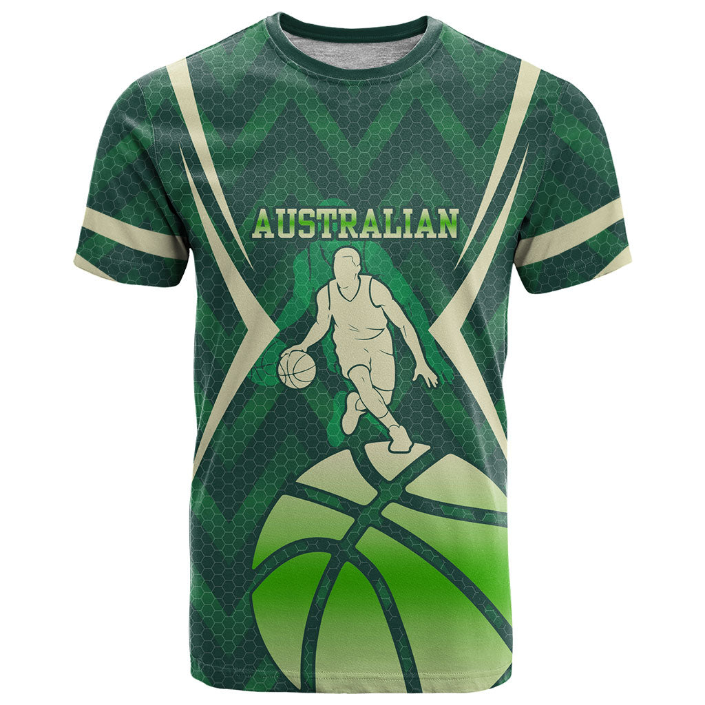 Australian Boomers Basketball T Shirt Green Hexagon Camo Style With Dynamic Slam Dunk Graphic