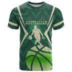 Australian Boomers Basketball T Shirt Green Hexagon Camo Style With Dynamic Slam Dunk Graphic