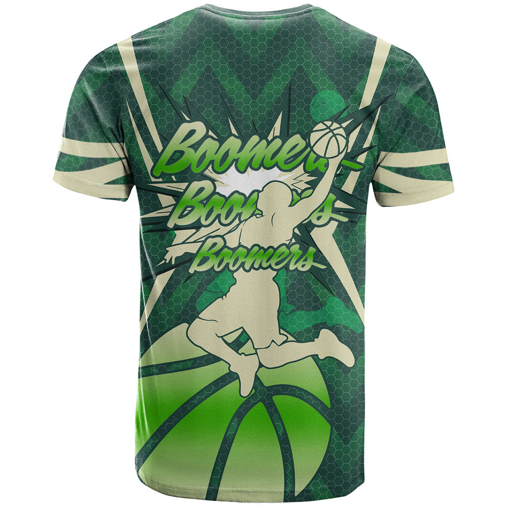 Australian Boomers Basketball T Shirt Green Hexagon Camo Style With Dynamic Slam Dunk Graphic