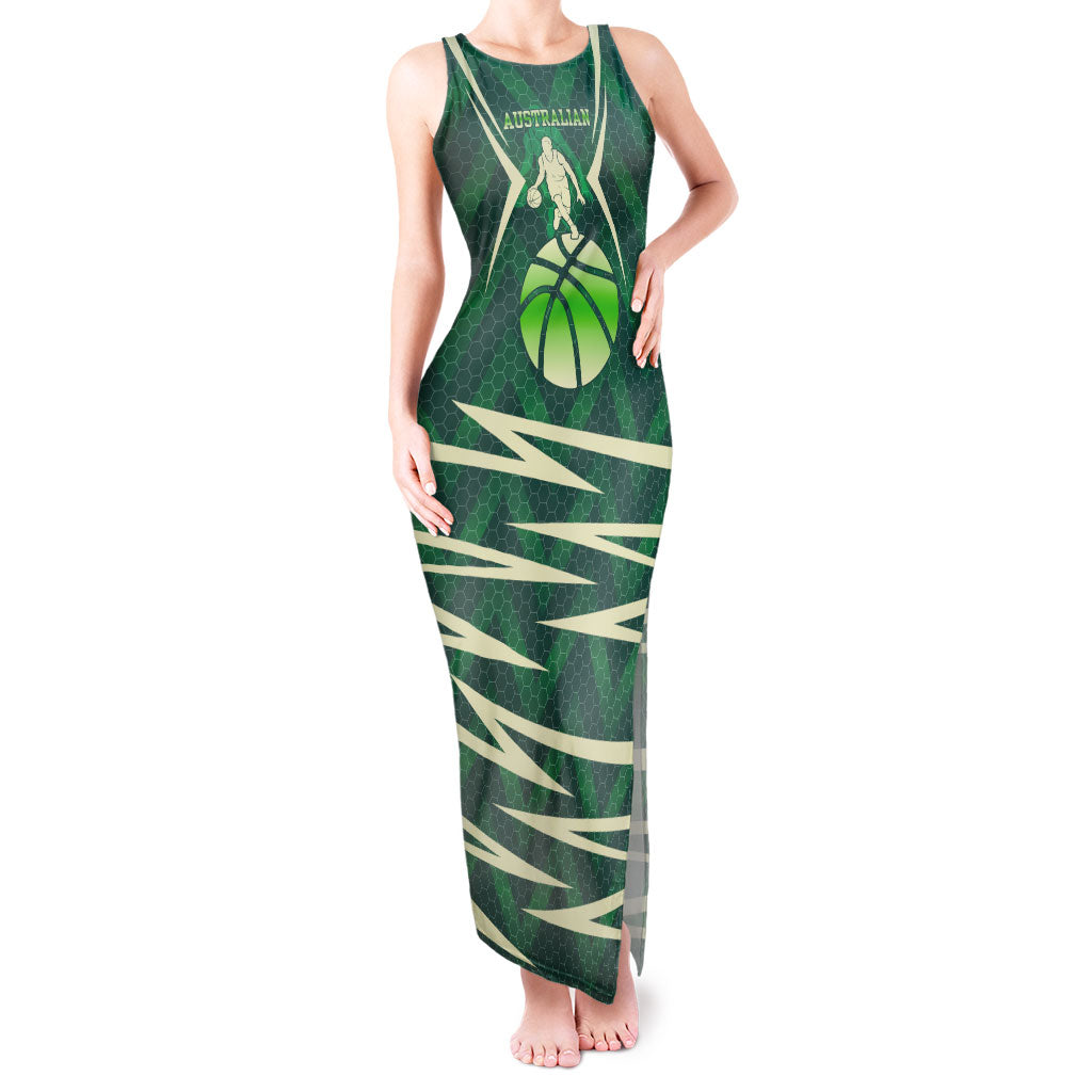 Australian Boomers Basketball Tank Maxi Dress Green Hexagon Camo Style With Dynamic Slam Dunk Graphic
