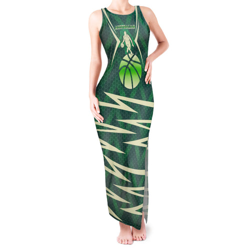 Australian Boomers Basketball Tank Maxi Dress Green Hexagon Camo Style With Dynamic Slam Dunk Graphic
