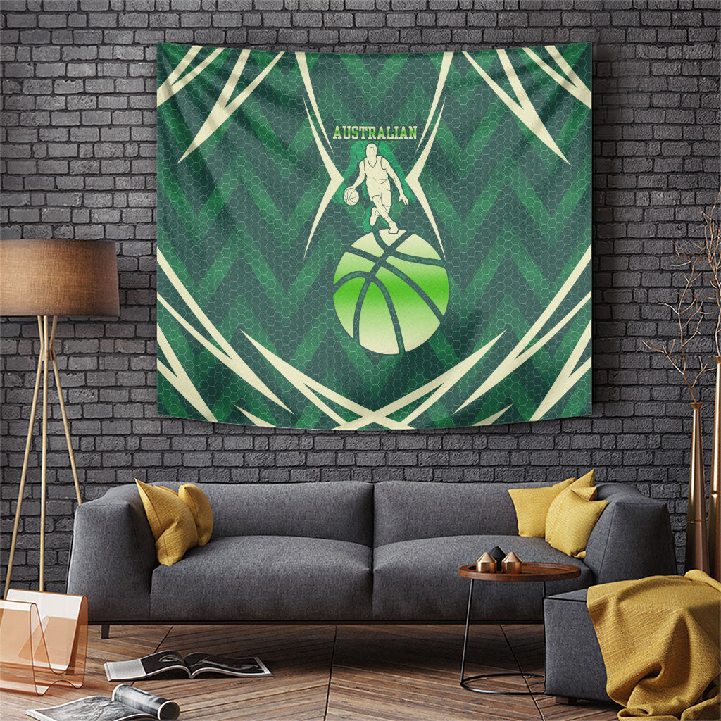 Australian Boomers Basketball Tapestry Green Hexagon Camo Style With Dynamic Slam Dunk Graphic