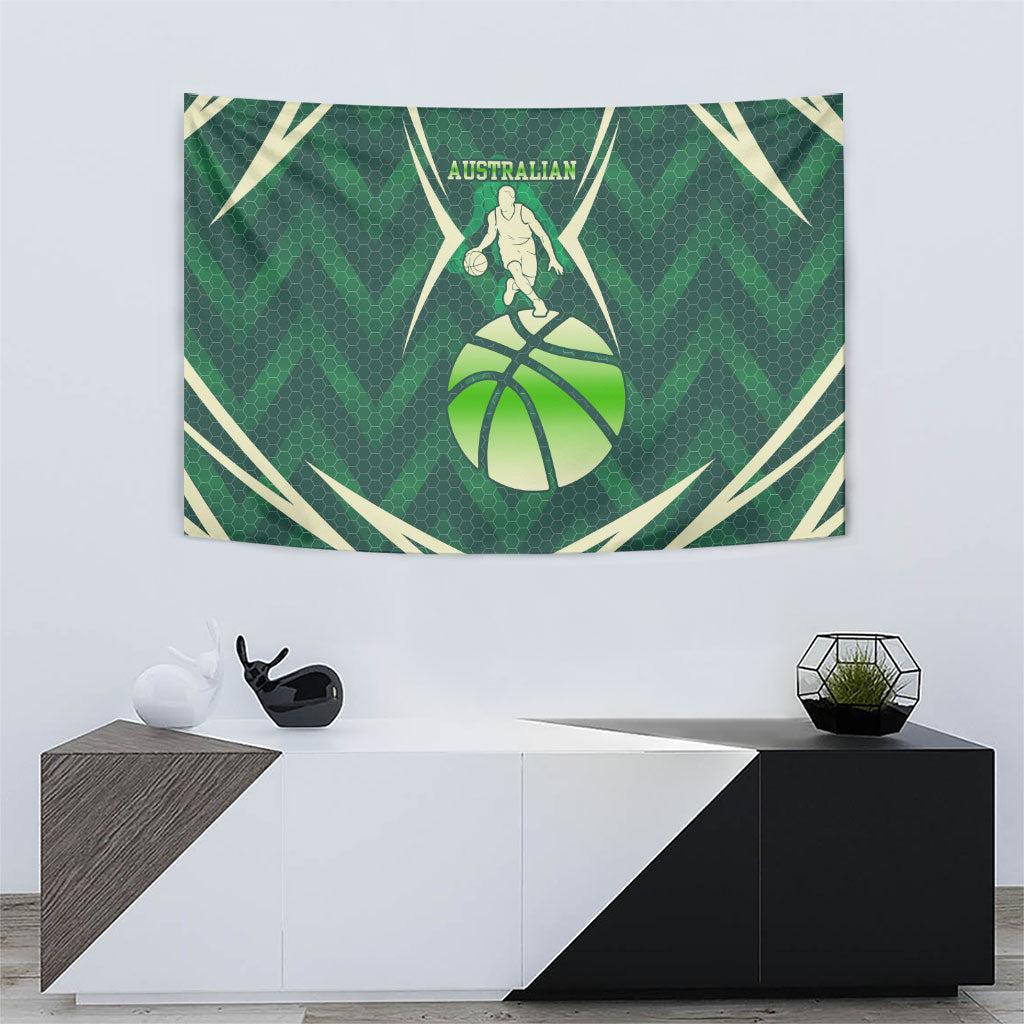 Australian Boomers Basketball Tapestry Green Hexagon Camo Style With Dynamic Slam Dunk Graphic