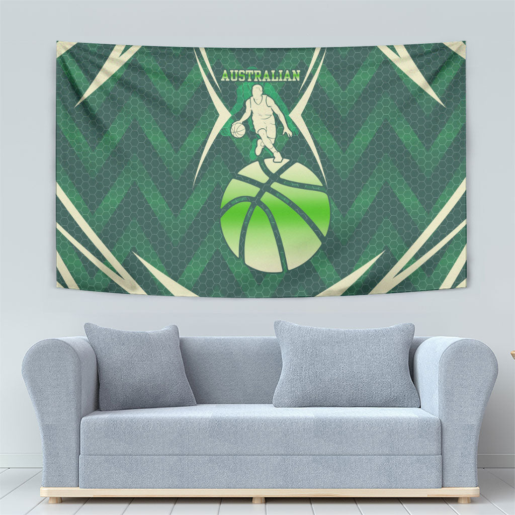 Australian Boomers Basketball Tapestry Green Hexagon Camo Style With Dynamic Slam Dunk Graphic