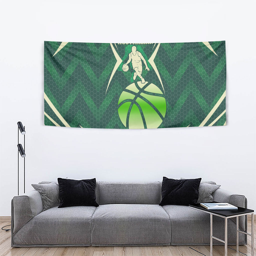 Australian Boomers Basketball Tapestry Green Hexagon Camo Style With Dynamic Slam Dunk Graphic
