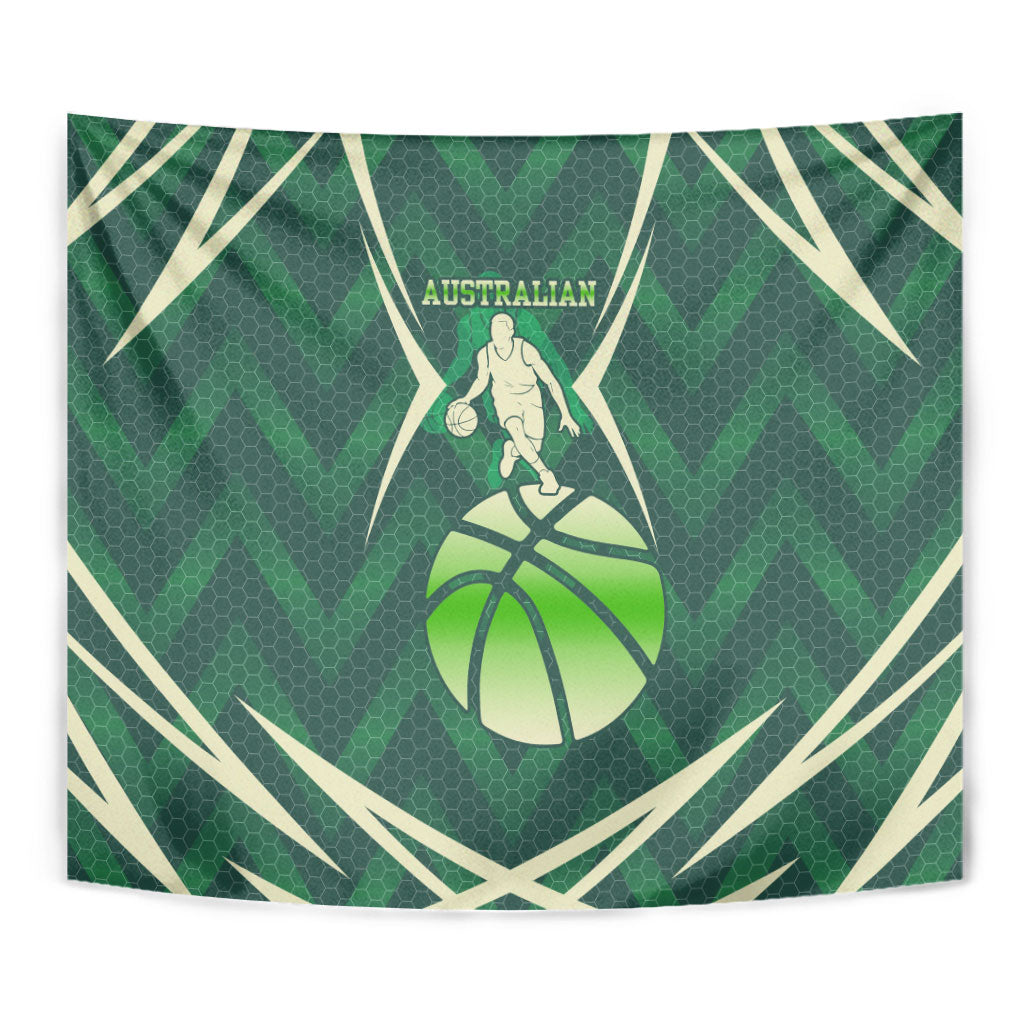 Australian Boomers Basketball Tapestry Green Hexagon Camo Style With Dynamic Slam Dunk Graphic